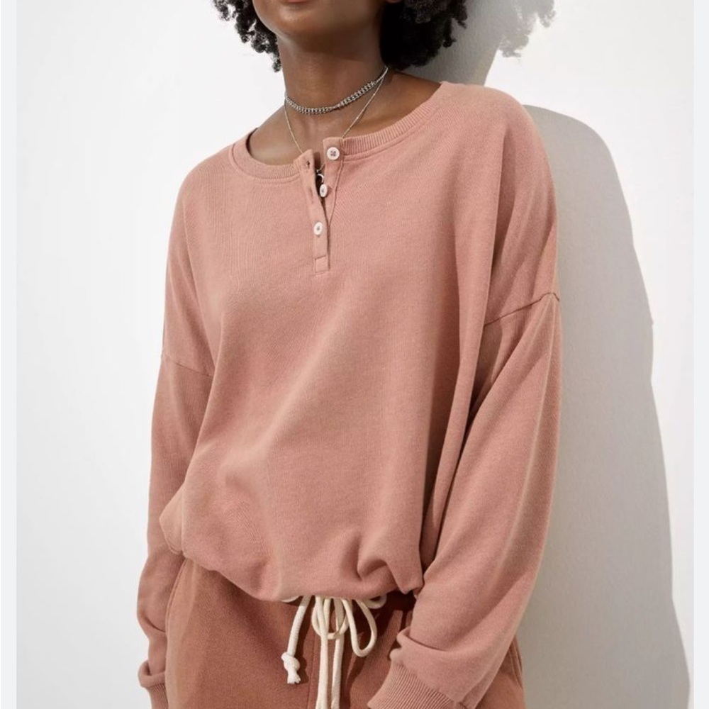AMERICAN Eagle Mauve Henley Drawstring Hem Terry Pullover Sweatshirt Size XS